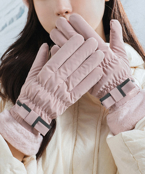 セール】【スマホ対応】レディース 裏起毛パイピングリボンファー手袋