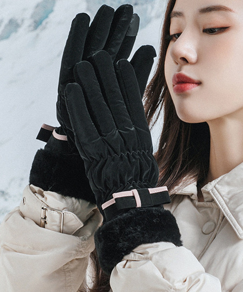 セール】【スマホ対応】レディース 裏起毛パイピングリボンファー手袋