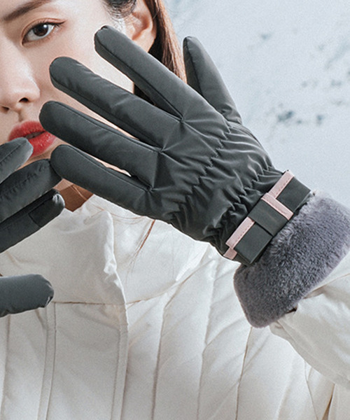 スマホ対応】レディース 裏起毛パイピングリボンファー手袋（手袋