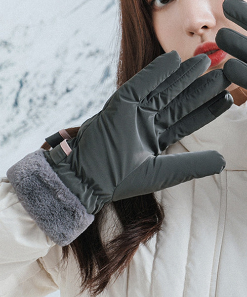 スマホ対応】レディース 裏起毛パイピングリボンファー手袋（手袋