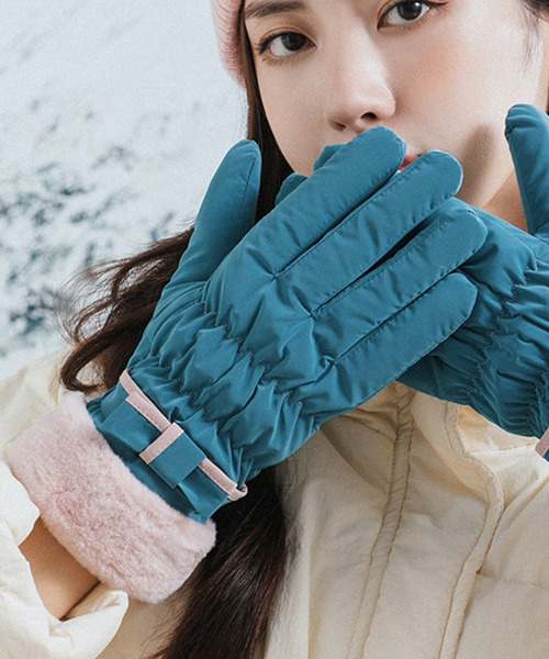 スマホ対応】レディース 裏起毛パイピングリボンファー手袋（手袋