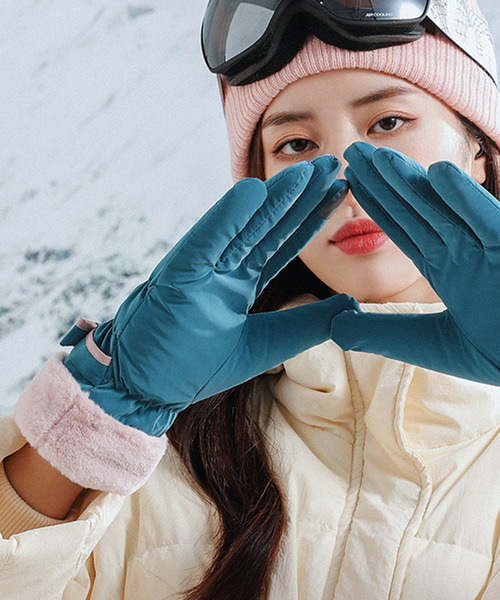 セール】【スマホ対応】レディース 裏起毛パイピングリボンファー手袋