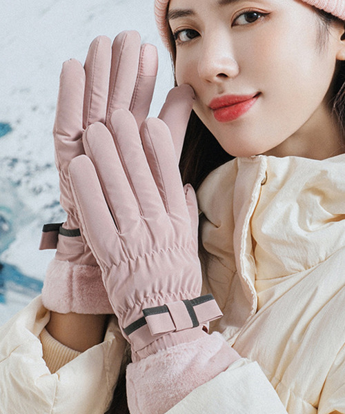 スマホ対応】レディース 裏起毛パイピングリボンファー手袋（手袋
