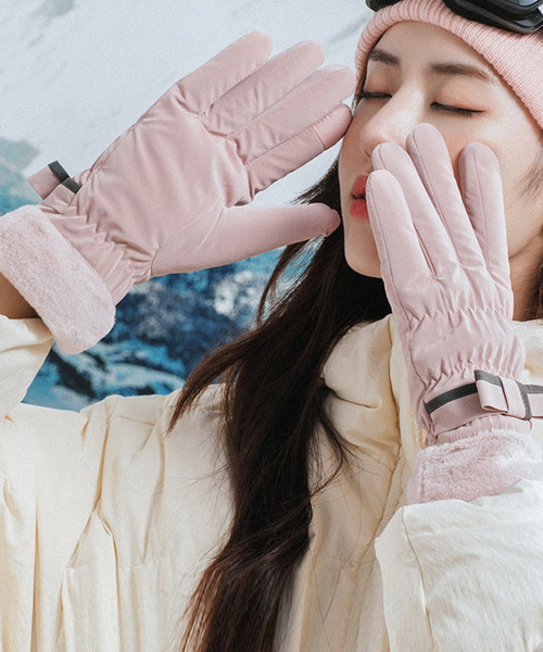 セール】【スマホ対応】レディース 裏起毛パイピングリボンファー手袋