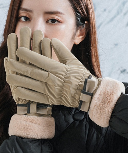 スマホ対応】レディース 裏起毛パイピングリボンファー手袋（手袋