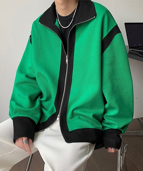NOWLE（ノウル）の「【NOWLE】スタンドネック バイカラー ダブルジップ ブルゾン（ブルゾン・メンズ・グリーン/ブラック・MEDIUM/LARGE/X-LARGE）」の3枚目の写真