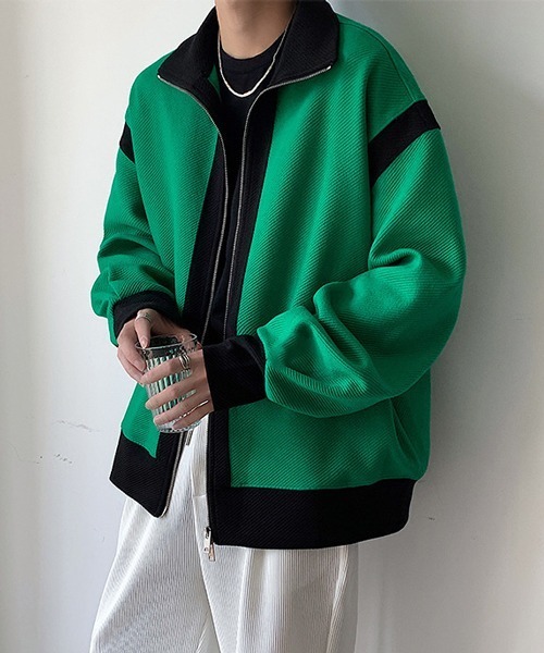 NOWLE（ノウル）の「【NOWLE】スタンドネック バイカラー ダブルジップ ブルゾン（ブルゾン・メンズ・グリーン/ブラック・MEDIUM/LARGE/X-LARGE）」の5枚目の写真