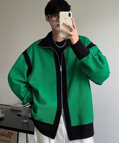 NOWLE（ノウル）の「【NOWLE】スタンドネック バイカラー ダブルジップ ブルゾン（ブルゾン・メンズ・グリーン/ブラック・MEDIUM/LARGE/X-LARGE）」の8枚目の写真