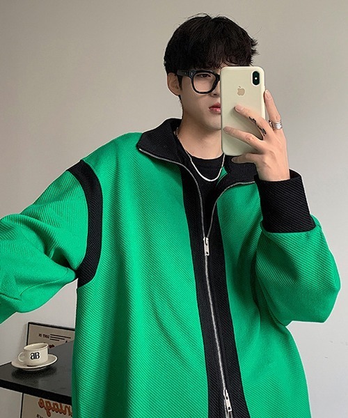 NOWLE（ノウル）の「【NOWLE】スタンドネック バイカラー ダブルジップ ブルゾン（ブルゾン・メンズ・グリーン/ブラック・MEDIUM/LARGE/X-LARGE）」の11枚目の写真