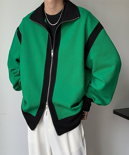 NOWLE（ノウル）の「【NOWLE】スタンドネック バイカラー ダブルジップ ブルゾン（ブルゾン・メンズ・グリーン/ブラック・MEDIUM/LARGE/X-LARGE）」の4枚目の写真