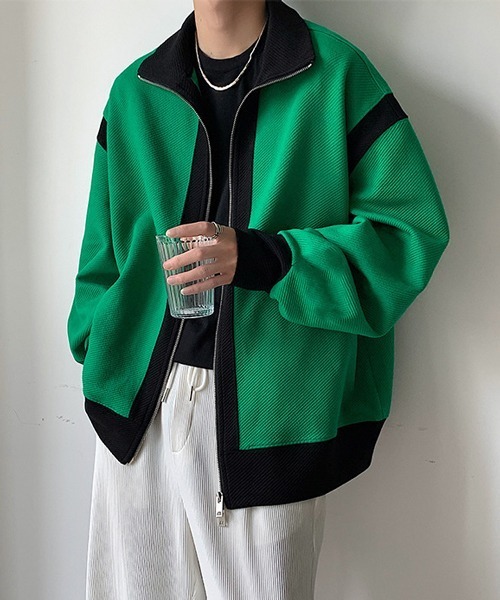 NOWLE（ノウル）の「【NOWLE】スタンドネック バイカラー ダブルジップ ブルゾン（ブルゾン・メンズ・グリーン/ブラック・MEDIUM/LARGE/X-LARGE）」の6枚目の写真