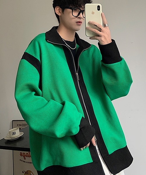 NOWLE（ノウル）の「【NOWLE】スタンドネック バイカラー ダブルジップ ブルゾン（ブルゾン・メンズ・グリーン/ブラック・MEDIUM/LARGE/X-LARGE）」の9枚目の写真