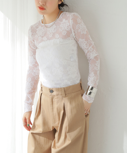 TELA（テラ）の「【TELA/テラ】レースロングTシャツ（Tシャツ/カットソー・レディース・ホワイト・SMALL）」の9枚目の写真
