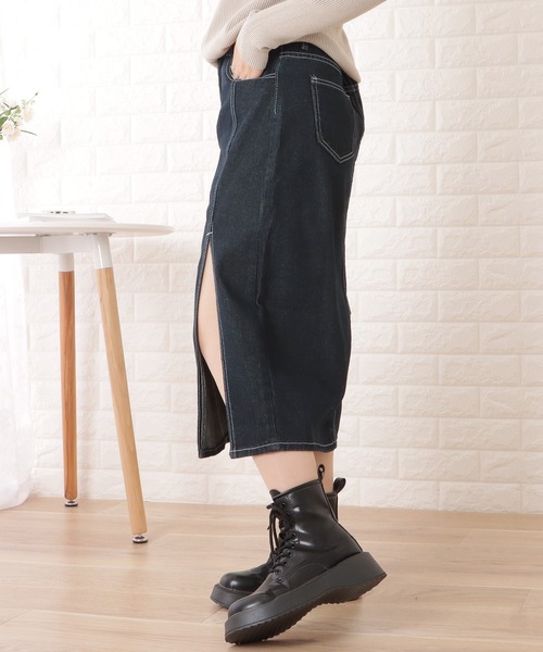 Lace Ladies（レースレディース）の「スリット入りデニムミディアムスカート（スカート・レディース・ダークグレー・M/S/L）」の4枚目の写真