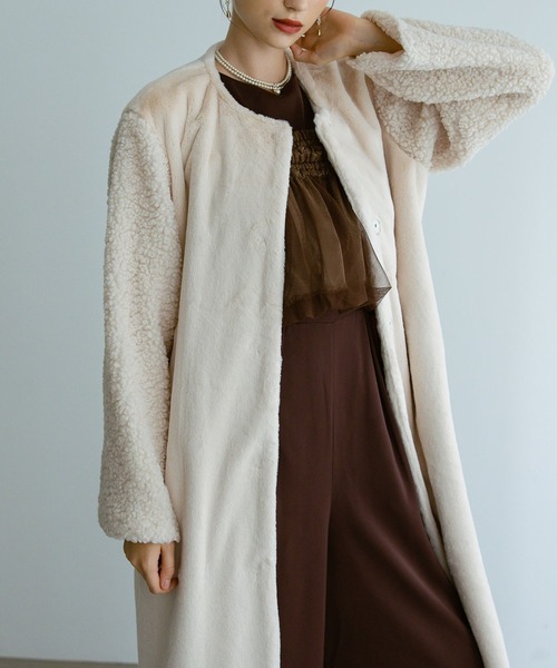 セール】フェイクファー×ボアコート（ノーカラーコート）｜Dorry Doll