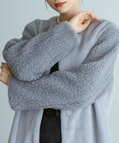 セール】フェイクファー×ボアコート（ノーカラーコート）｜Dorry Doll