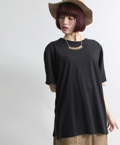 WEGO（ウィゴー）の「WEGO/サイドZIPロングTシャツ（Tシャツ/カットソー・レディース・オフホワイト/ホワイト系その他/ブラック・FREE）」の3枚目の写真