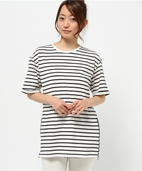 WEGO（ウィゴー）の「WEGO/サイドZIPロングTシャツ（Tシャツ/カットソー・レディース・オフホワイト/ホワイト系その他/ブラック・FREE）」の12枚目の写真
