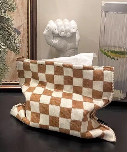 チェッカー柄ジャガードニットティッシュケース（インテリア雑貨