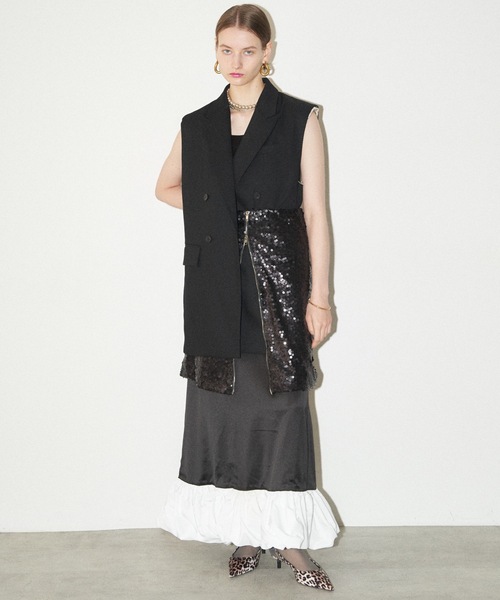 Double zip spangle midi skirt／ダブルジップスパンコール