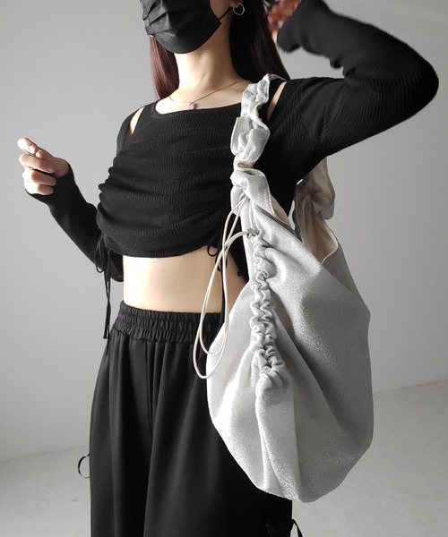   シャーリング 立体的シルエット 2WAY ショルダー セール】【 3color ／ 2WAY 】ドローストリングラメ
