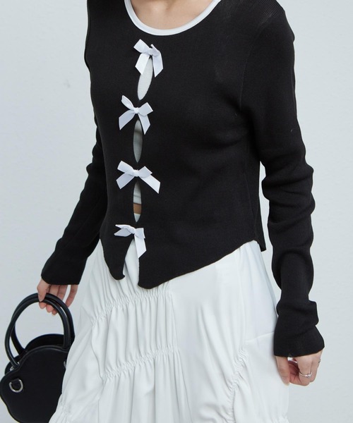 MAISON DE THERESE（メゾン ド テレーズ）の「配色リボン付き　長袖Tシャツ ニット/セーター カーディガン/ボレロ（カーディガン/ボレロ・レディース・ブラック/グレー/ピンク・FREE）」の2枚目の写真