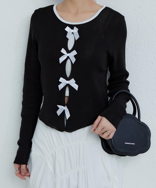 MAISON DE THERESE（メゾン ド テレーズ）の「配色リボン付き　長袖Tシャツ ニット/セーター カーディガン/ボレロ（カーディガン/ボレロ・レディース・ブラック/グレー/ピンク・FREE）」の14枚目の写真