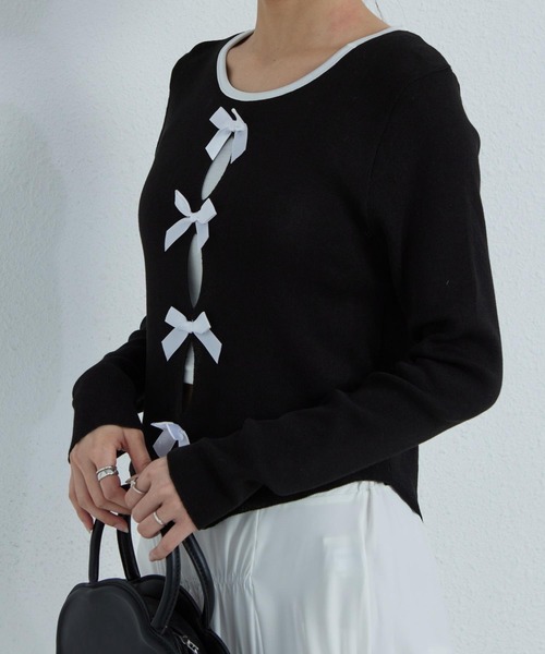 MAISON DE THERESE（メゾン ド テレーズ）の「配色リボン付き　長袖Tシャツ ニット/セーター カーディガン/ボレロ（カーディガン/ボレロ・レディース・ブラック/グレー/ピンク・FREE）」の16枚目の写真