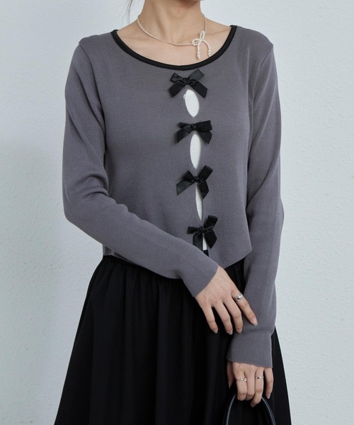 MAISON DE THERESE（メゾン ド テレーズ）の「配色リボン付き　長袖Tシャツ ニット/セーター カーディガン/ボレロ（カーディガン/ボレロ・レディース・ブラック/グレー/ピンク・FREE）」の9枚目の写真