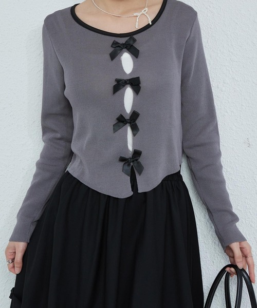MAISON DE THERESE（メゾン ド テレーズ）の「配色リボン付き　長袖Tシャツ ニット/セーター カーディガン/ボレロ（カーディガン/ボレロ・レディース・ブラック/グレー/ピンク・FREE）」の10枚目の写真