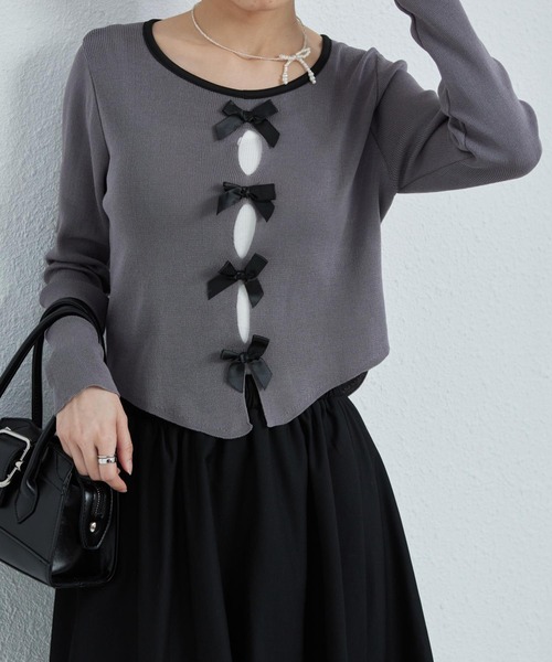 MAISON DE THERESE（メゾン ド テレーズ）の「配色リボン付き　長袖Tシャツ ニット/セーター カーディガン/ボレロ（カーディガン/ボレロ・レディース・ブラック/グレー/ピンク・FREE）」の11枚目の写真