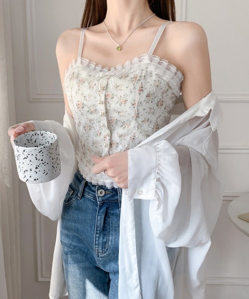 Diosfront（ディオスフロント）の「レースドッキング小花柄キャミソール（キャミソール・レディース・ホワイト/ブラック・FREE）」の5枚目の写真