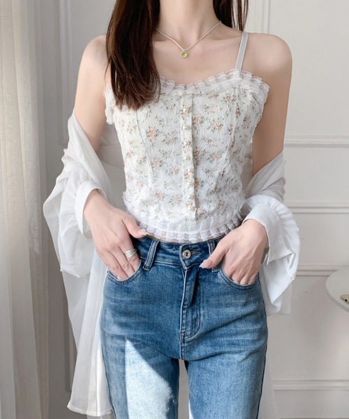 Diosfront（ディオスフロント）の「レースドッキング小花柄キャミソール（キャミソール・レディース・ホワイト/ブラック・FREE）」の10枚目の写真