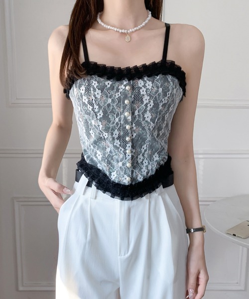 Diosfront（ディオスフロント）の「レースドッキング小花柄キャミソール（キャミソール・レディース・ホワイト/ブラック・FREE）」の12枚目の写真