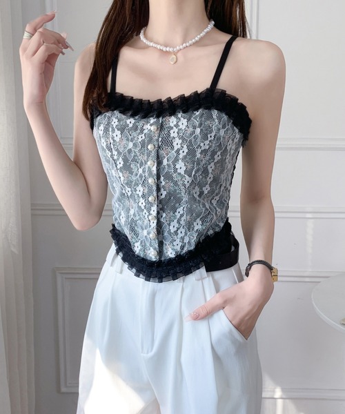 Diosfront（ディオスフロント）の「レースドッキング小花柄キャミソール（キャミソール・レディース・ホワイト/ブラック・FREE）」の13枚目の写真