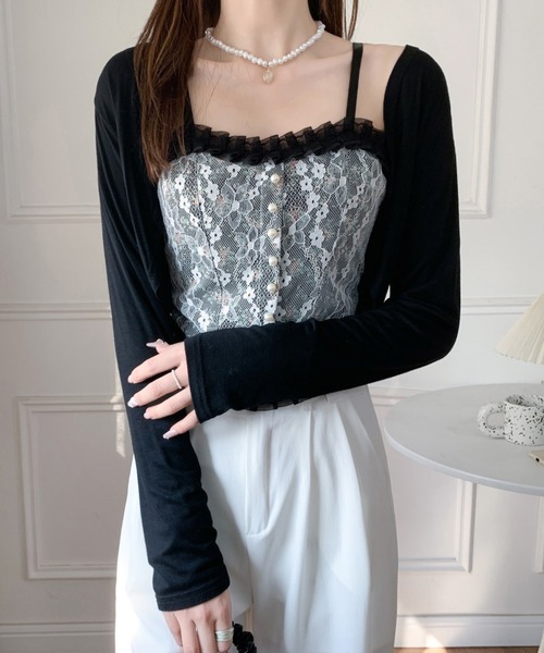 Diosfront（ディオスフロント）の「レースドッキング小花柄キャミソール（キャミソール・レディース・ホワイト/ブラック・FREE）」の14枚目の写真