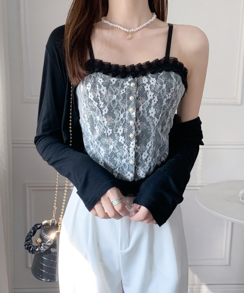 Diosfront（ディオスフロント）の「レースドッキング小花柄キャミソール（キャミソール・レディース・ホワイト/ブラック・FREE）」の17枚目の写真