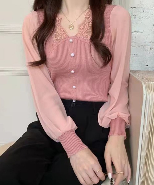 Miniministore(ミニミニストア)の「異素材ニットトップス レディース 韓国(ニット/セーター・レディース・ブラック/ベージュ/ピンク/ホワイト・FREE)」の1枚目の写真