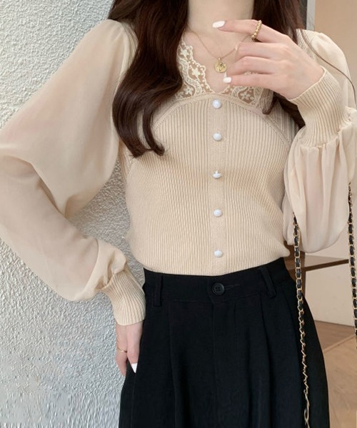 Miniministore(ミニミニストア)の「異素材ニットトップス レディース 韓国(ニット/セーター・レディース・ブラック/ベージュ/ピンク/ホワイト・FREE)」の5枚目の写真