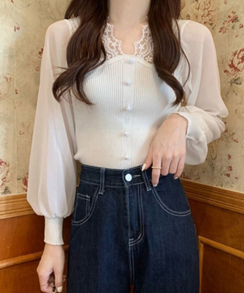 Miniministore(ミニミニストア)の「異素材ニットトップス レディース 韓国(ニット/セーター・レディース・ブラック/ベージュ/ピンク/ホワイト・FREE)」の8枚目の写真
