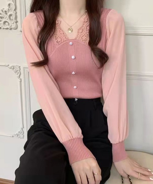 Miniministore(ミニミニストア)の「異素材ニットトップス レディース 韓国(ニット/セーター・レディース・ブラック/ベージュ/ピンク/ホワイト・FREE)」の12枚目の写真