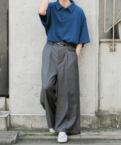 NILWAY(ニルウェイ)の「センタープレス フェイクポケット ワイドフレア 袴パンツ/ ワイド スラックス パンツ(スラックス・メンズ・杢グレー/チャコールグレー/カーキ/ブラック・LARGE/MEDIUM/SMALL)」の8枚目の写真