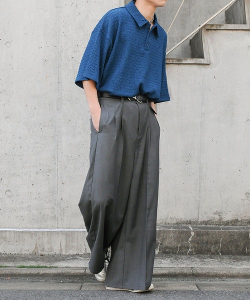 NILWAY(ニルウェイ)の「センタープレス フェイクポケット ワイドフレア 袴パンツ/ ワイド スラックス パンツ(スラックス・メンズ・杢グレー/チャコールグレー/カーキ/ブラック・LARGE/MEDIUM/SMALL)」の9枚目の写真