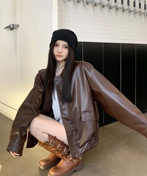 Girly Doll（ガーリードール）の「ヴィンテージライク合成皮革ジャケット（ライダースジャケット・レディース・ブラック/ブラウン・M/L）」の9枚目の写真
