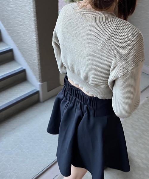 セール】ロゴ刺繍ショートニック/クロップドニットプルオーバー