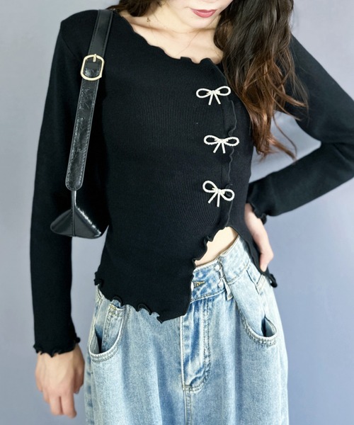 Silly（シリー）の「【韓国コーデに大活躍◎】リボンメロウトップス（Tシャツ/カットソー・レディース・ブラック/ホワイト・フリー）」の9枚目の写真