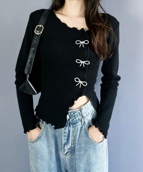 Silly（シリー）の「【韓国コーデに大活躍◎】リボンメロウトップス（Tシャツ/カットソー・レディース・ブラック/ホワイト・フリー）」の10枚目の写真