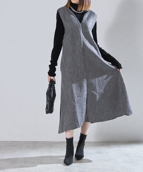 each(イーチ)の「ツイード深Vネックフレアジャンスカ(ジャンパースカート・レディース・ブラック/グレー・FREE)」の17枚目の写真