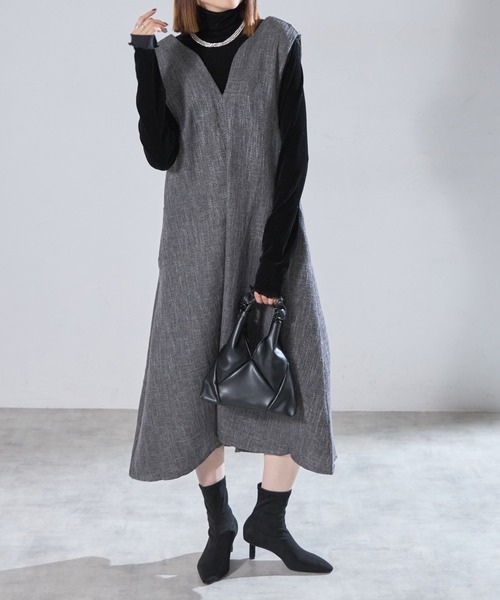 each(イーチ)の「ツイード深Vネックフレアジャンスカ(ジャンパースカート・レディース・ブラック/グレー・FREE)」の21枚目の写真
