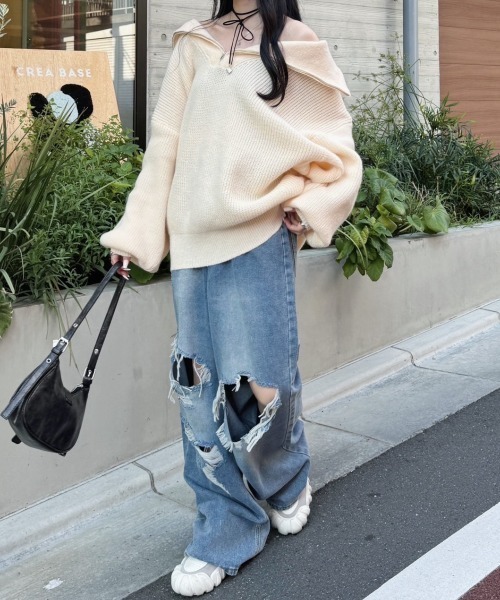 nemne store（ネンネストア）の「《Delfy》ハーフジップセーラーカラーニット（ニット/セーター・レディース・アイボリー/ピンク系/ブラック系・フリー）」の14枚目の写真
